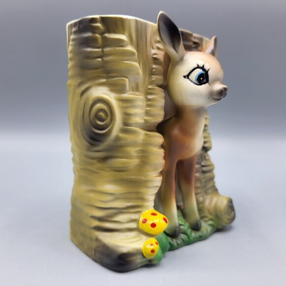 Vintage MCM Bambi Deer Vase Kitchy Planter Deer & Mushrooms Ceramic Table Decor - Picture 3 of 16